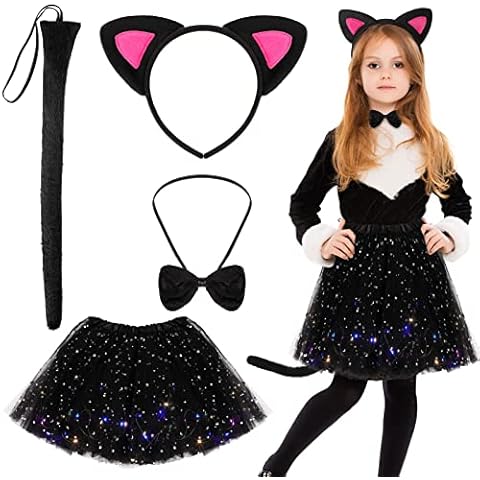 Cat Costume Set Includes Cat Ears and Tail Set LED Light Tutu Skirt Bowtie Headband Kitten Costume for Girls Cosplay Dress Party Accessory Kit Cover