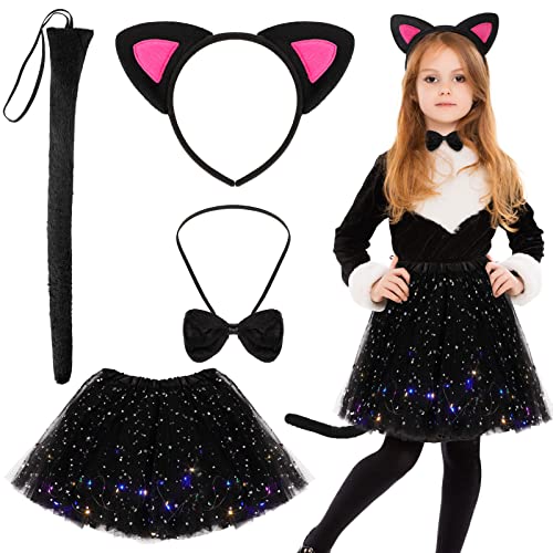 El juego de disfraz de gato incluye orejas de gato y cola con luz LED, falda tutú y pajarita, disfraz de gatito para niñas, kit de accesorios de fiesta Cover