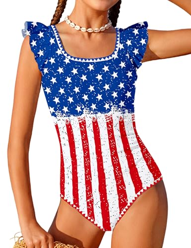 Image of Girls Swimsuit Ruffled Square Neck Color Contrast Trim One Piece Bathing Suit Geometric Girls' Swimwear 9-16Y