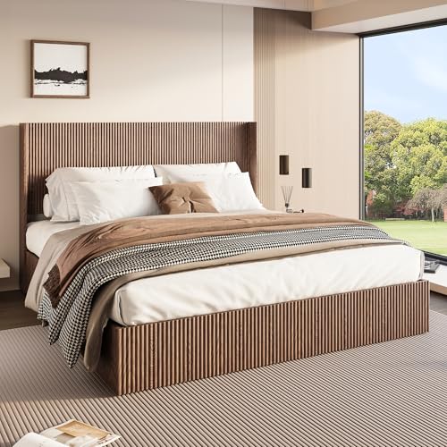 Lift Up Storage Bed King Size, King Bed Frame with Headboard and Lift Storage System, Wood Headboard with Wing-Back and Convex Groove Board Design