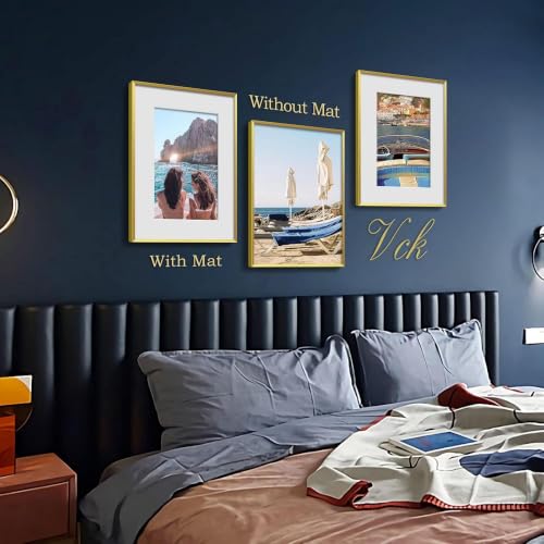 Image of VCK 12X16 Aluminum Picture Frames with Real Tempered Glass Set of 3, Gold Metal Poster Frames with Mat for 8x12 Picture or 12x16 without Mat, Wall Hanging