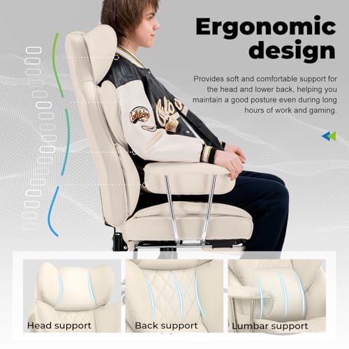 COMHOMA Big and Tall Office Chair, High Back Leather Gaming Chair with Footrest, Executive Ergonomic Office Chairs with Pocket Spring Lumbar Support and with Outward Fixed Soft Armrests
