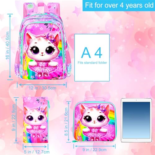 CCJPX 3PCS Cat Backpack for Girls, 16”Kids Ballet Preschool Bookbag with Lunch Box, Cute Ballet Water Resistant School Bag for Elementary Kindergarten Toddler4