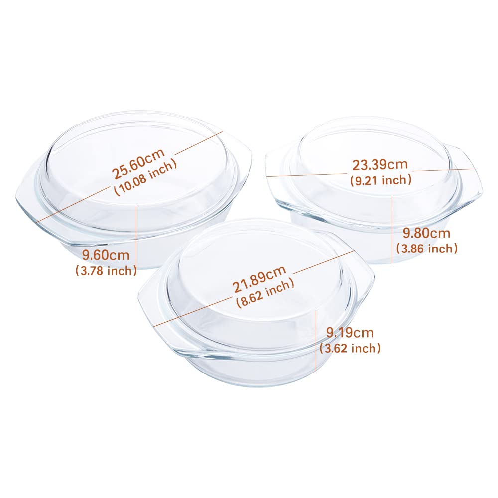 Set di 6 Pezzi Casseruola Tonda in Vetro Con Coperchio, 1L+1.5L+1.8L Temperato Teglia da Forno per Forno, Congelatore e Lavabile in Lavastoviglie