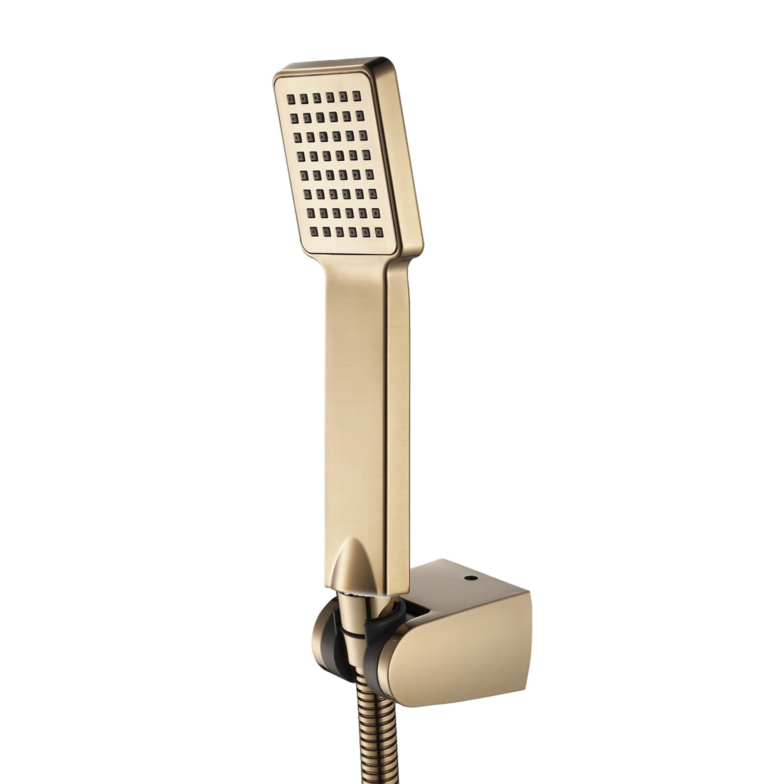 Alcachofa de Ducha de Cuadrado, Cabezal de Ducha con Flexo de 1,5m y Soporte, Alta Presión Mono Chorro para Baño y Bañera, Ducha de Mano Ahorro de Agua y Antical, Oro Cepillado