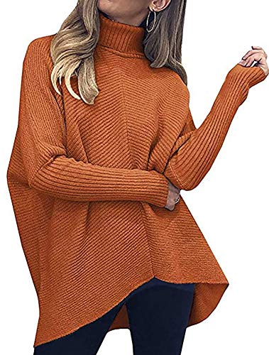 Poetsky Womens Long Sleeve Turtleneck Sweaters Oversized Knit Loose Asymmetrical Hem Pullover Tunic Tops