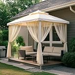 Heavyoff Outdoor Sheer Curtains for Patio, 2 Panels Waterproof Light Filtering Voile Outside Curtains Screen Mesh Net Privacy Drapes Rod Pocket for Front Porch, Gazebo, Beige, 63" W x 84" L