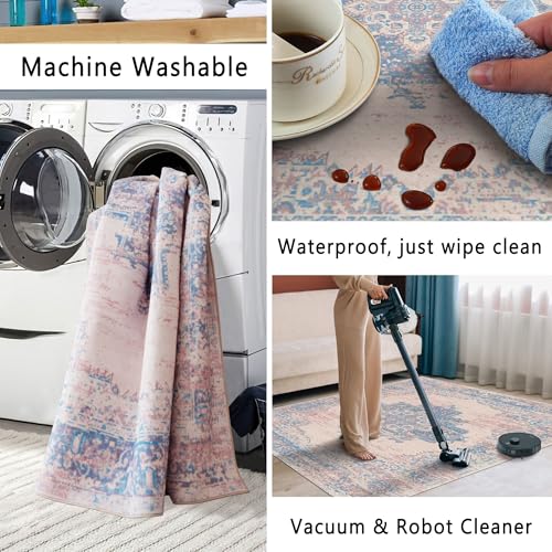 vivorug Runner Rug 2'x7' Machine Washable Non-Slip Runners for Hallways Kitchen Entryway Laundry Room Vintage-Inspired Carpet Hallway Runner Pink