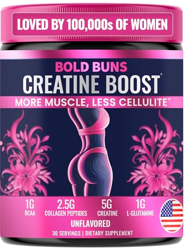Bold Buns Creatine for Women – Booty Builder Supplement with Collagen & BCAA – Supports Muscle Development, Post-Workout Recovery, Skin Elasticity, Healthy Hair & Nail | Unflavored – 30 Servings