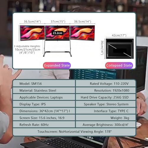 Image of Laptop Screen Extender - 15.6 inch Ultra-Thin Triple Portable Monitor 1080P FHD IPS Attachment Screen Compatible with Wins Mac，3Kg Lightest，with 360 Rotation Acjustable