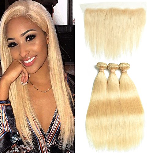 DACHIC Blonde 613 Human Hair Wigs with Bangs None Lace Front Wigs for Women Braizlian Striaght Hair Wigs Full Machine Made Wigs 150% Density (14 16 18+12, 613 bundles with frontal)
