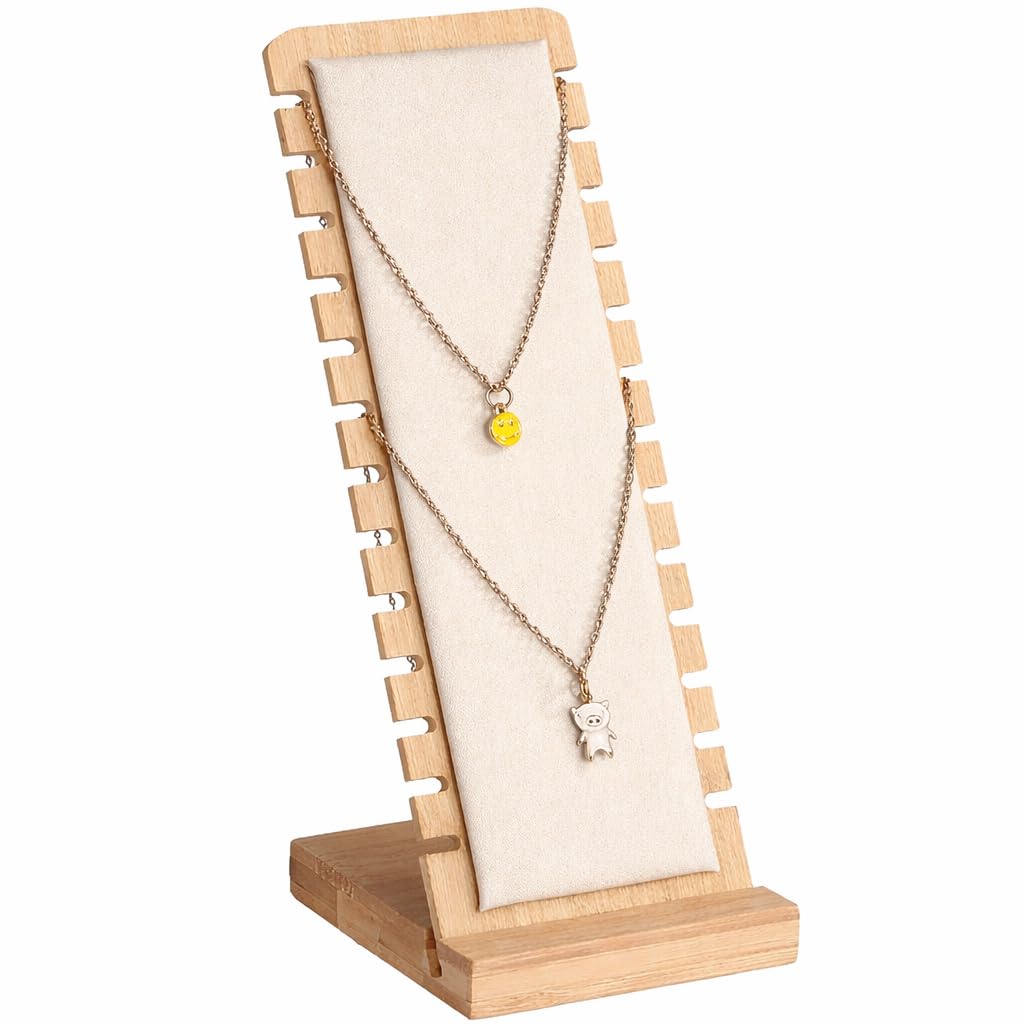 DispJewel Wooden Necklace Display Stand Organiser 12 Slots for Retail Jewellery Photography Prop (Beige 1 Pc)-image-33