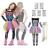 disfraz esqueleto niña rosa 13 Disfraz De Esqueleto Multicolor Para NiñA, Infantil, Vestido De Esqueleto De Halloween Para NiñA Set Con Extensiones De Cabello, Vestido Tutú De Esqu-eleto Fantasma Para Carnaval, Fiesta Cosplay (M)