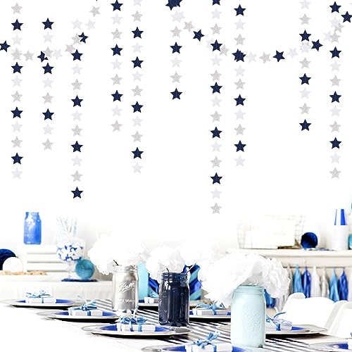 Image of Navy-Blue White-Silver Party-Decorations Birthday Garland - 62ft Twinkle Little Star Hanging Streamers Banner,Wedding Bachelorette Bridal Baby Shower Graduation Decor Hugtmr