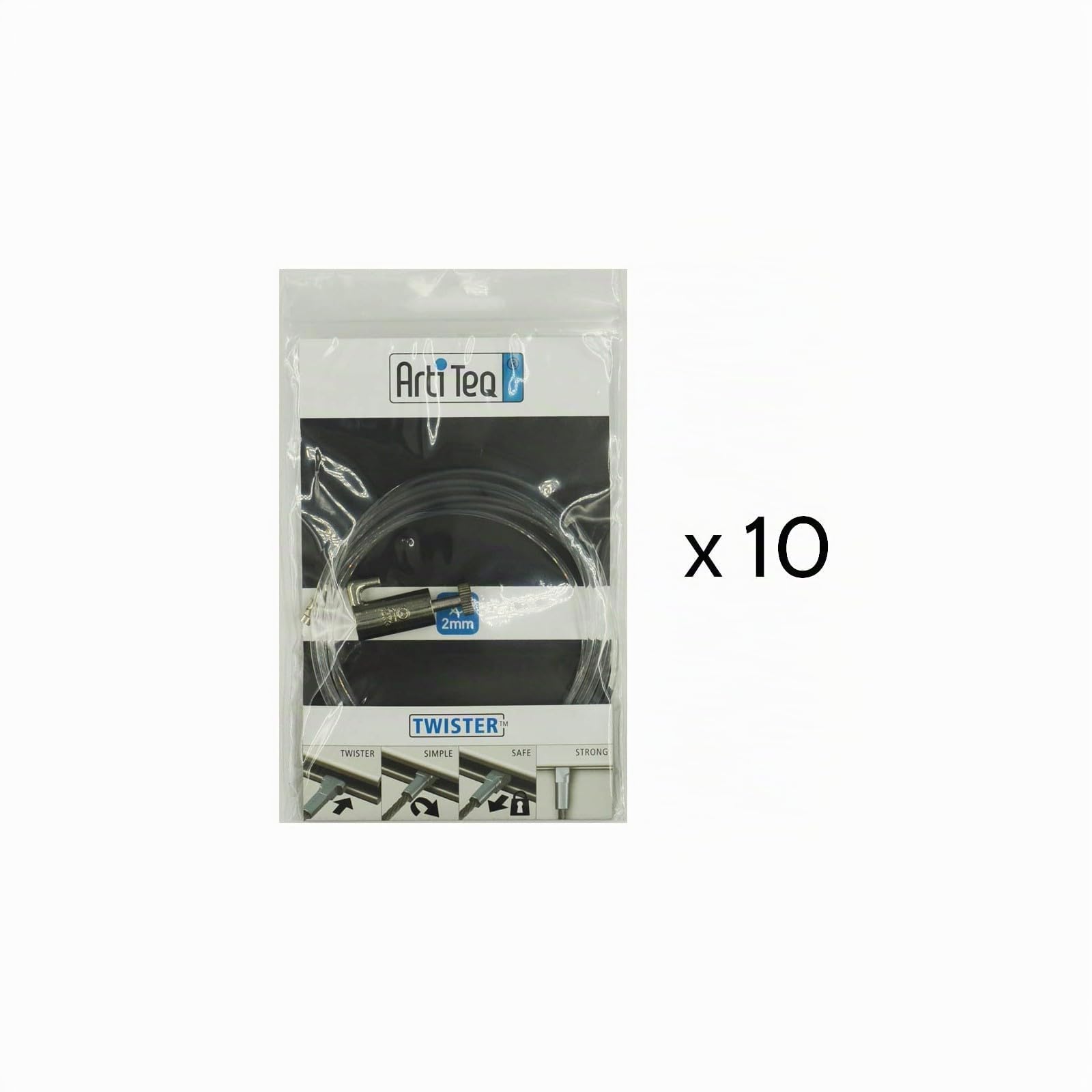 Arti Teq - Lot de 10 Kits de Fixation Câble Perlon Twister 150 cm avec Crochet Autobloquant Classic - Supporte jusqu'à 15 kg - Compatible avec Cimaises Artiteq - Transparent