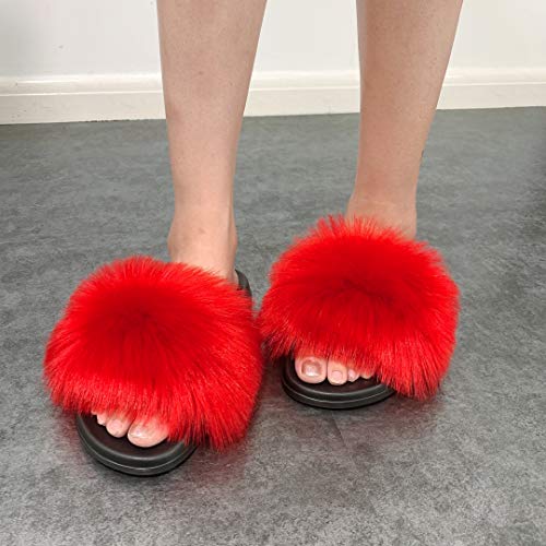 Image of Hangrui Women's Faux Fur Slides, Open Toe Cute Fluffy Slippers, Comfortable Furry Sandals