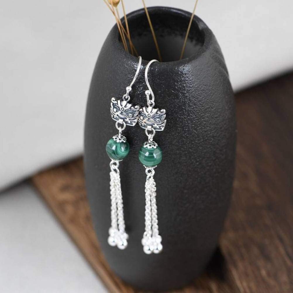 Longues boucles d'oreilles malachite S925 style chinois rétro