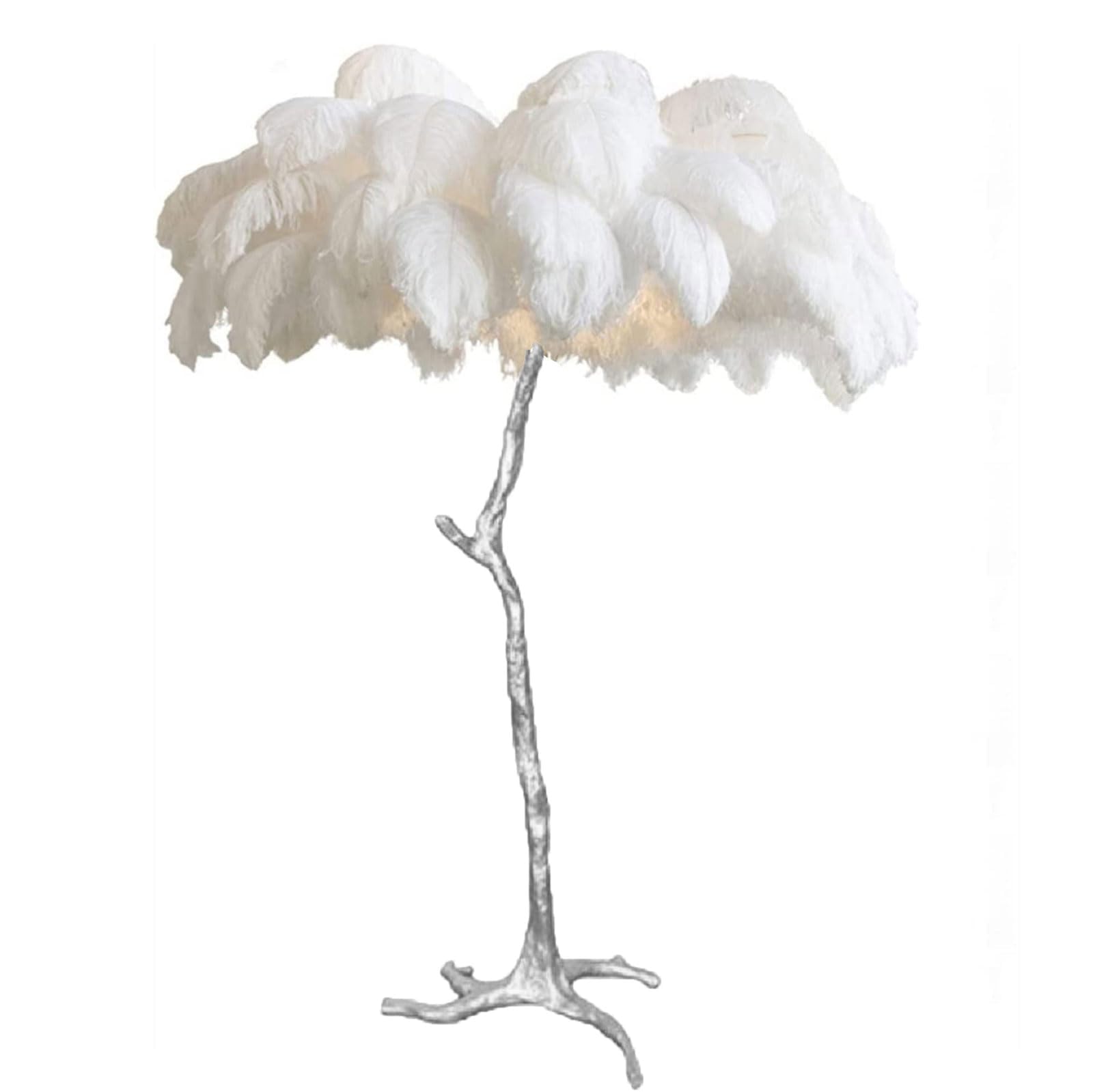 Romantic Girl Bedroom Lamp, Natural Ostrich Feather Floor Lamp Silver Resin Light Body Standing Light 3 Colors Dimmable Feather Lamps with Foot Switch, E14 LED Bulb,White,150x90cm/59x35in