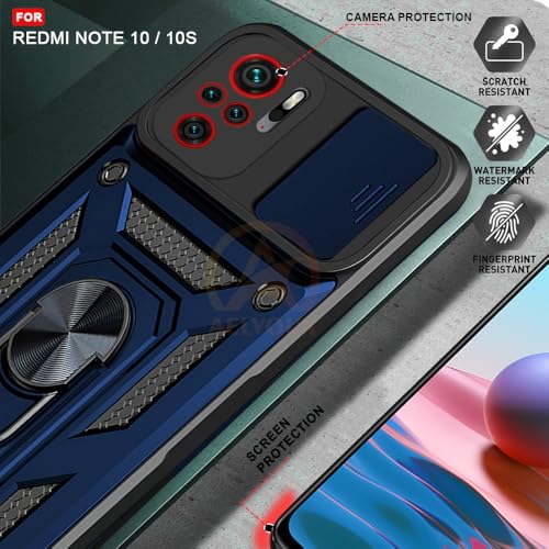 Image of Armor Bumper Back Cover Case for Redmi Note 10 / 10S Rotating Camera Cover, Ring Holder & Kickstand | Heavy Duty & 360 Degree Protection Redmi Note 10 / 10S Back Cover (Blue).