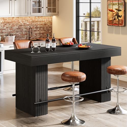 Image of Tribesigns 62.2 Inch Bar Table, Industrial Counter Height Pub Dining Table, Rectangular Home Bar Units with Metal Footrest for Home Kitchen, Dining Room, Bistro, Black