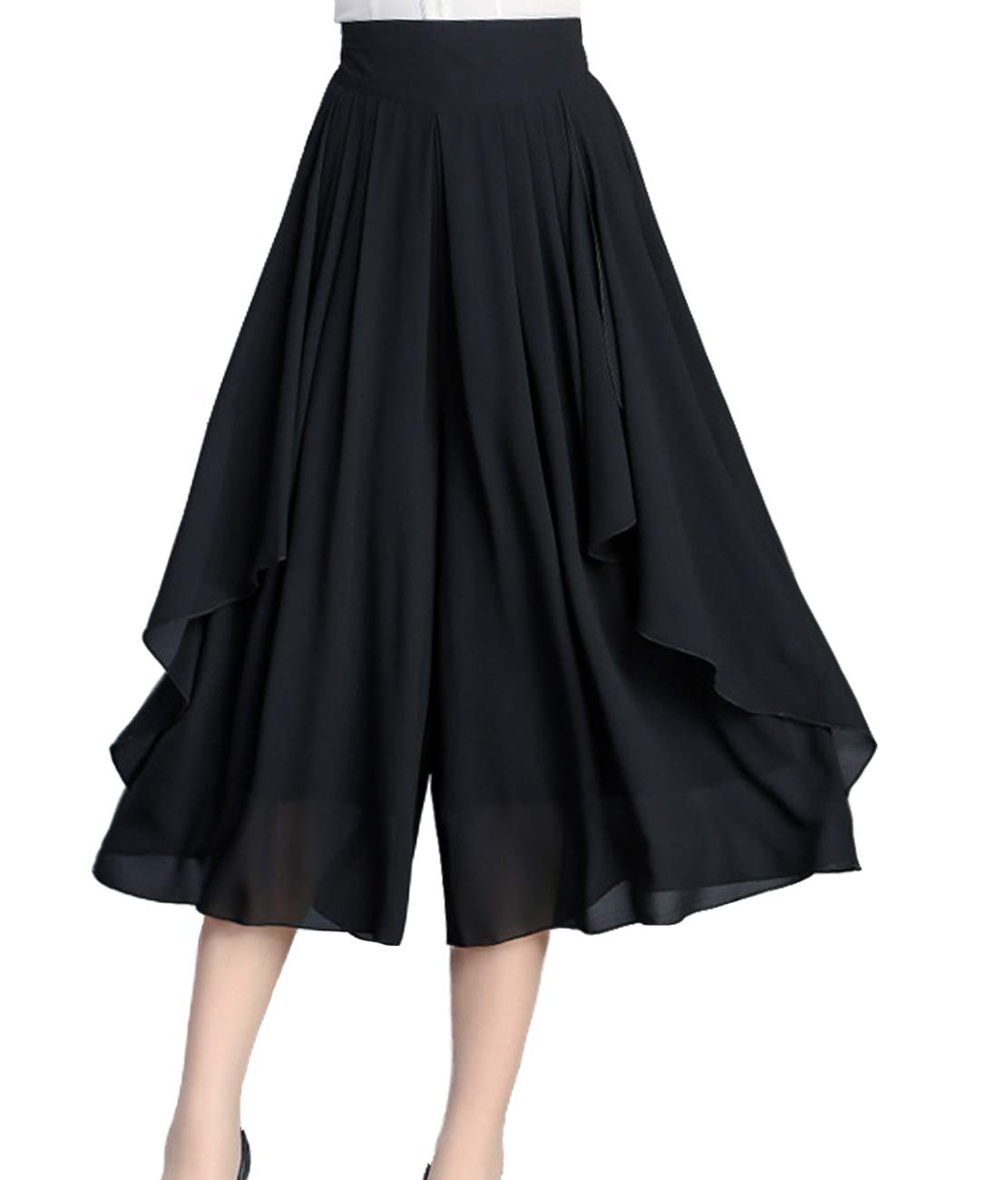 Femiserah Womens High Elastic Waist Pleated Chiffon Wide Leg Capri Pants Culottes