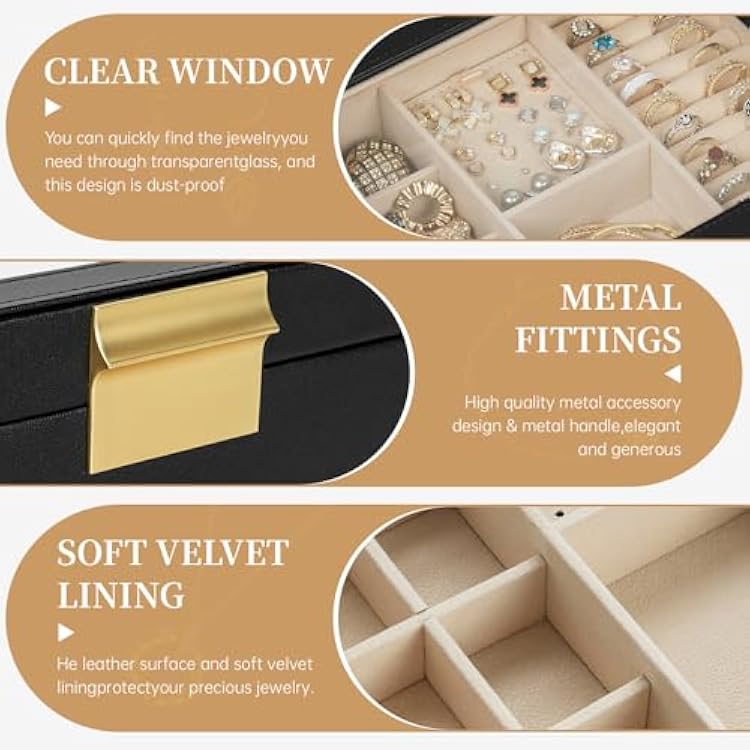 AKOZLIN 2-Tier Jewelry Box with Clear Glass Lid Functional Leather Jewelry Storage Organizer Case 1 Drawers for Women Girls Necklace Ring Bracelet Earring Black