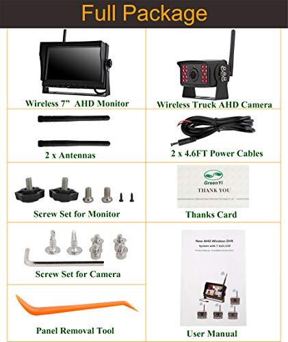 GreenYi-64 Wireless AHD 960P Backup Camera with 7 Inch DVR Monitor for Pickup/RV/Van/Truck/Trailer/Motorhome/5th Wheel, IP69 Waterproof IR Rear View Hitch Camera Monitoring System with Stable Signal