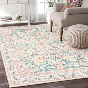 Wonnitar Machine Washable 5×7 Nursery Rug, Pink Rugs for Bedroom Girls, Boho Soft Floral Carpet Non Slip, Indoor Ultra-Thin Floor Carpet for Kid Room Living Room Dorm