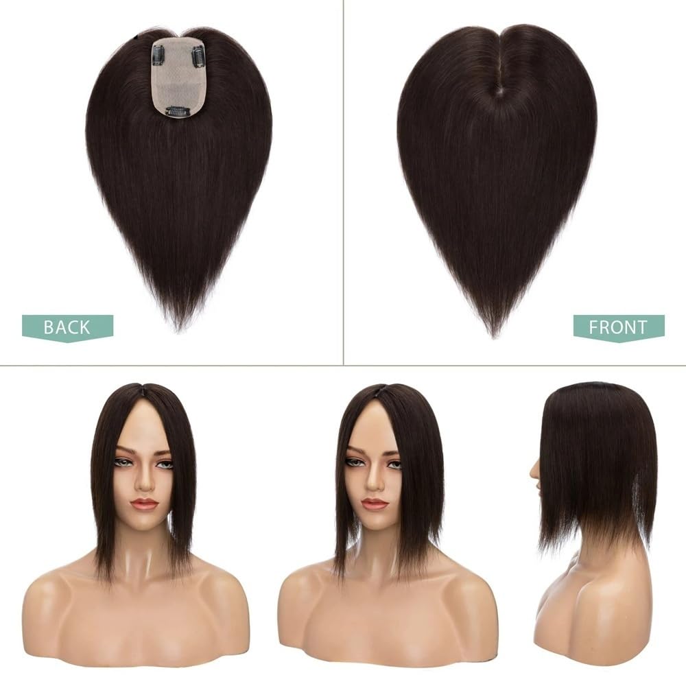 Haartopper für Frauen Echthaar-Topper for Frauen mit dünner werdendem Haar, atmungsaktive Clip-in-Haarteile auf Seidenbasis, 20 cm, glattes Remy-Haar, ohne Pony Echthaar Toupets für Frauen(Schwarz,9x1