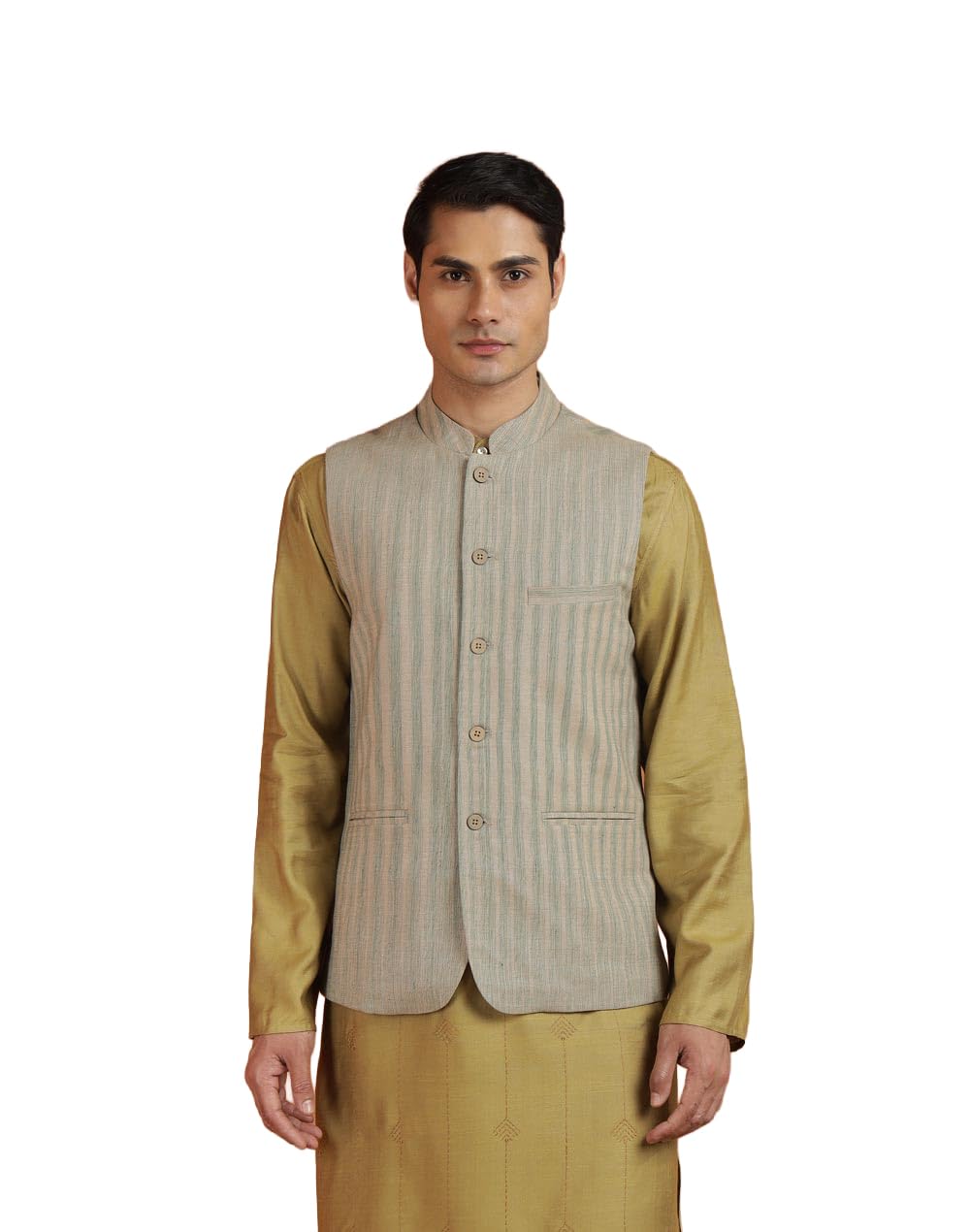 fabindia Beige Cotton Stripe Slim Fit Nehru Jacket-picture-14