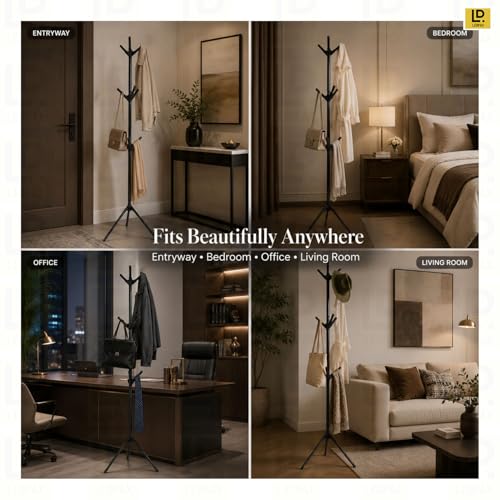 Image of LEOPAX 9 Hook Coat Hanger Stand for Clothes, Bags, Hats & Umbrellas | Freestanding Tree Coat Rack | Modern Standing Garment Organizer for Living Room, Bedroom, Office - Black