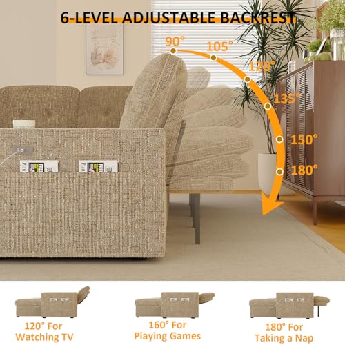 Image of Modular Sectional Sleeper Sofa with Pull Out Bed, 108 Inch U Shaped 7 Seat Couches for Living Room, Chenille Fabric Cloud Couch Bed with Storage & Reclining Backrest, USB Charging, Khaki
