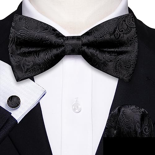 Image of Barry.Wang Paisley Striped Bow Tie for Men Silk Pre-Tied Bowtie Pocket Square Cufflinks Set Formal Wedding Party Prom
