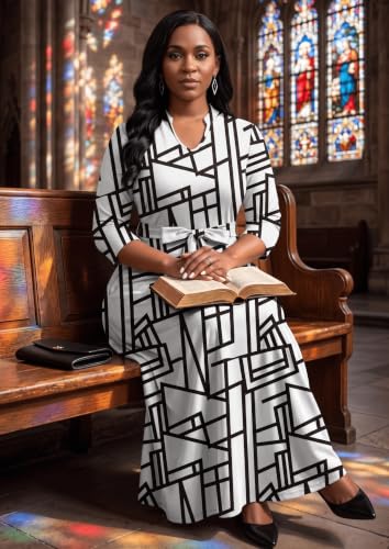 Image of FANDEE Women's Maxi Dresses V Neck 3 /4 Sleeve Long Dress with Pockets