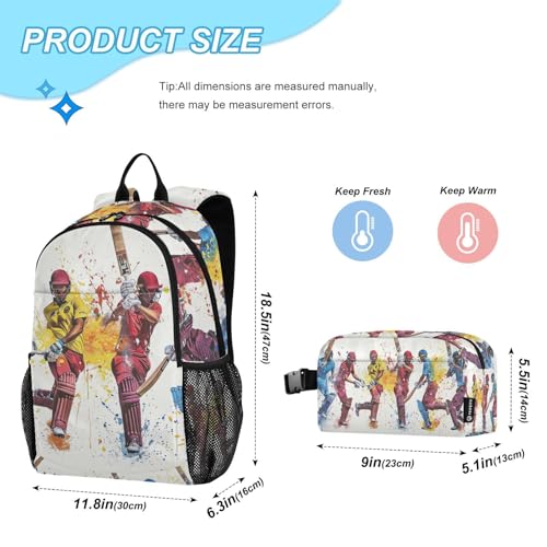 Backpack Cricket Players Colorful Book Bag Daypack Shoulder Bag Lightweight Back Pack with Lunch Box Travel Laptop Daypack 18.5 x 11.8 In2