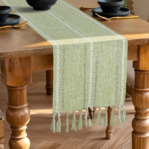 BSBUY Tablecloth Tassel Table Runner, Spring Kitchen Dining Table Decoration Boho Rectangular Crochet Lace Mesh Table Runner, Rustic Farmhouse Table Runner for Holiday Party and Everyday Use(Green)