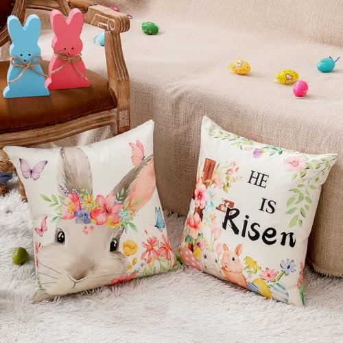 Image of multiwins 8-Sided Easter Pillow Covers Set of 4 with 2 Wooden Bunny Decorations, 20 x 20 Inch Reversible Decor with Bunny, Floral Eggs & inchHe is Risen inch Prints for Indoor /Outdoor, Spring Holiday Decor