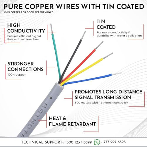 Image of RATNOTECH 5 Core Copper Wire for Water Level Controller & Indicator, 20 Meters - Tinned Copper, Virgin PVC, Durable Multistrand, Color-Coded for Easy Installation