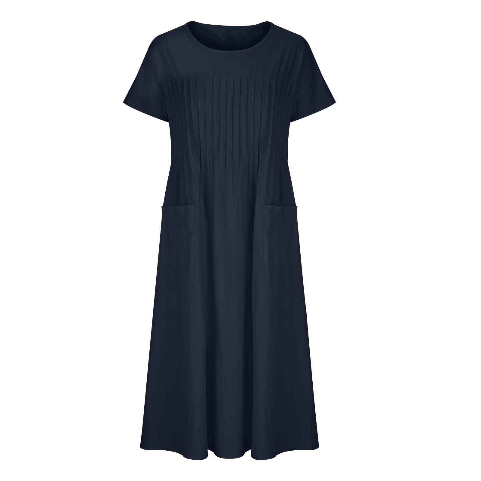 Generic Vestido de verano para mujer, de cuello redondo, plisado, con bolsillos, manga corta, de algodón y lino, vestido casual de talla grande, azul marino, XL
