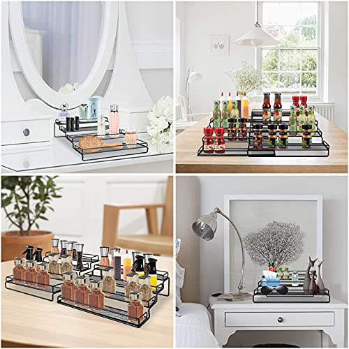 GEEBOBO 4 Tier Expandable Spice Rack Organizer for Cabinet Countertop Pantry Cupboard (12.5 to 25\"W), Spice Storage Holder Seasoning Rack Organizer, Kitchen 4 Step Shelf with Protection Railing, Metal, Black, 2Pack