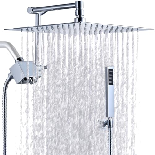 JFJIARUI - Cabezales de ducha de metal con rociador de mano, cabezal de ducha de lluvia de 12 pulgadas con rociador de mano, botón de desvío de 4 funciones, brazo de extensión de 14 pulgadas, soporte