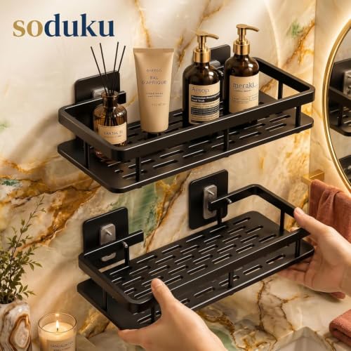 Image of Aluminium Pack of 2, Self Adhesive Bathroom Shelf for Shower Caddy Organizer Wall Mounted Bathroom Shelves Rack Holder Stand for Bathroom Accessories Organiser Without Drill