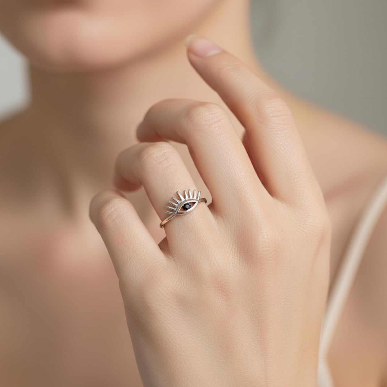 SOVATS 925 Sterling Silver Evil Eye Ring with Black Stone, Minimalist Protection Band for Women