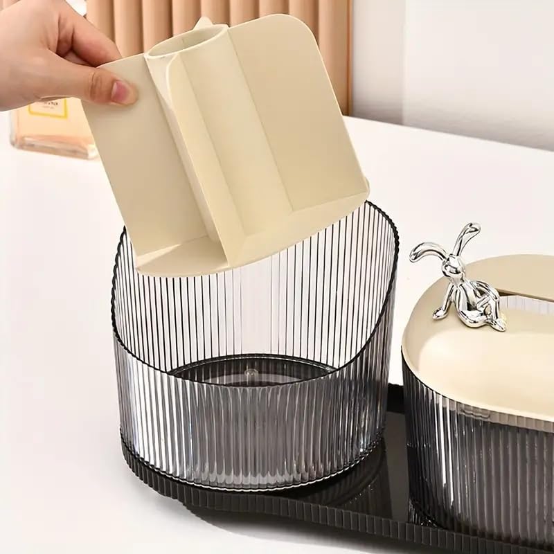 AMPLIN 2 in 1 Cosmetic Organizer with Tissue Box, Tissue Box Cover and Desk Organiser Set, Decorative Glass Storage Box with Tissue Holder, 38 cm x 13.5 cm, Grey 4