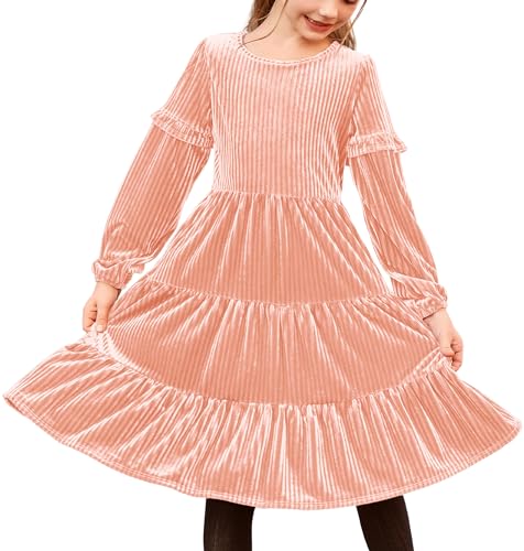 Arshiner - Arshiner Robe en Velours pour Fille - Princesse à Manches Longues - Rose - Col Rond - Trapèze à Volants - Soirée et Fête d'Automne et d'Hiver Avec Poche - Taille 10-11 Ans