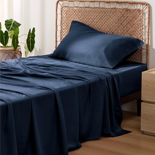 Image of Bedsure Cooling Sheets Twin, Rayon Derived from Bamboo, PureWoven, Breathable & Soft Twin Sheets Set, Deep Pocket Up to 16 Inches, Hotel Luxury Silky Bedding for Hot Sleepers, Navy