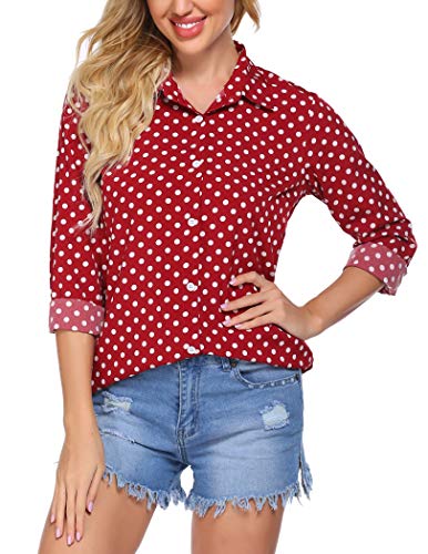 Zeagoo Polka Dots Blouse for Women Slim Fit Dress Shirt Business Casual Long Sleeve Shirts V Neck Chiffon Tops, Red, Large