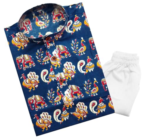 Image of TinySteps Boys Cotton Kurta Pajama | Traditional Ethnic Wear Pure Cotton Printed Kurta With Elastic Waist White Pajama