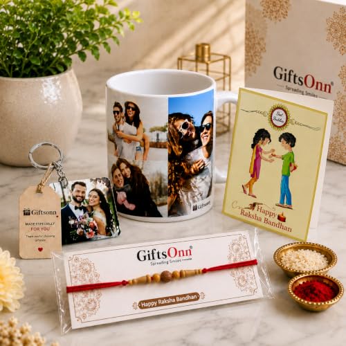 Image of Set for Brother with Printed Mug, Keychain Combo Pack of 5 (Greeting Card,Roli Chawal,Rakhi,Printed Mug,Keychain)| Gift Hamper for Brother.