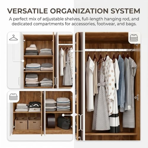 Image of FFO Tokyo 4 Door Wooden Wardrobe for Bedroom with Hanging Rod, Shelves & Lock | Modern Clothes Storage Almirah /Cabinet with White & Coach Wood | Wardrobe Organizer for Clothes, Dresses DIY.